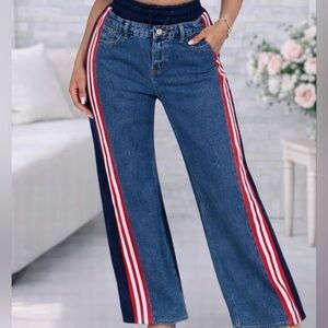 Immodel Women’s Blue Jeans with Red and White Stripes, Sweat pant material